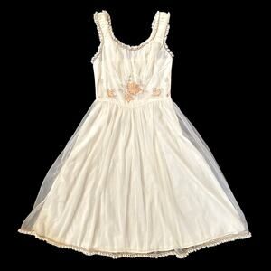 Vtg 50s Laros Lingerie Babydoll Nightgown Sz 32 Slip Nylon Floral Chiffon Lace